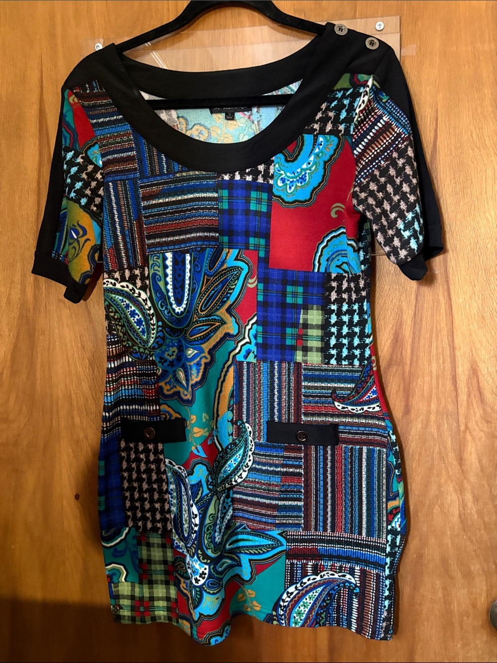 Papillon Women’s Multicolor Patchwork Print Short Sleeve Sweater Dress